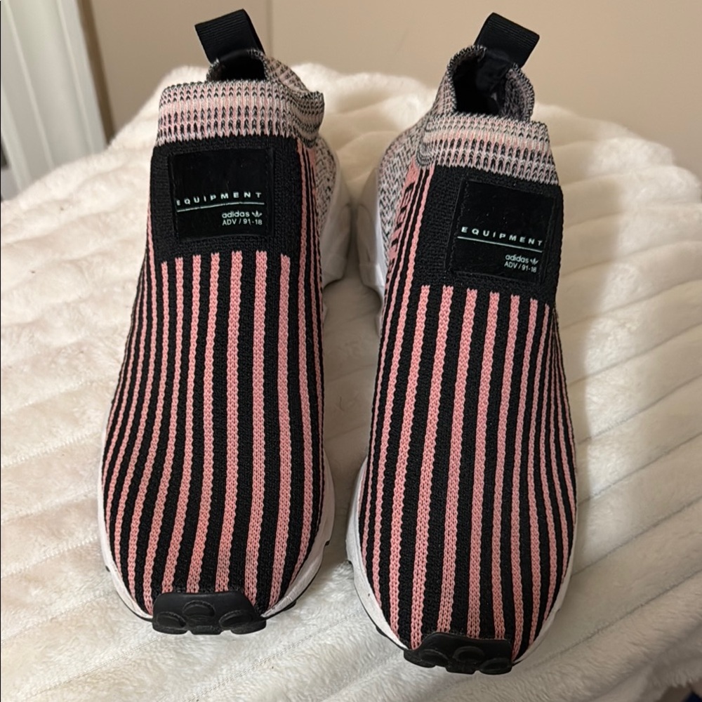 Adidas Pink and Black Athletic Shoes with Knit Upper